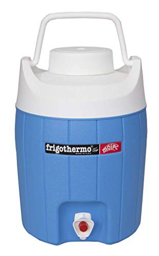 frigothermo Kühlbox mit Zapfhahn Wasserspender 8 Liter klein rund blau weiß passiv Kunststoff mit Becher Tragegriff Schraubdeckel bis 12 Stunden Kühlung Thermo-Behälter Getränkespender Wasserbehälter