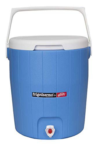 frigothermo Kühlbox mit Zapfhahn Wasserspender 18 Liter groß rund blau weiß passiv Kunststoff mit Tragegriff abnehmbarem Deckel bis 12 Stunden Kühlung Thermo-Behälter Getränkespender Wasserbehälter