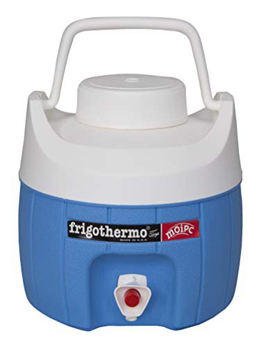 frigothermo Kühlbox mit Zapfhahn Wasserspender 5 Liter klein rund blau weiß passiv Kunststoff mit Becher Tragegriff Schraubdeckel bis 12 Stunden Kühlung Thermo-Behälter Getränkespender Wasserbehälter