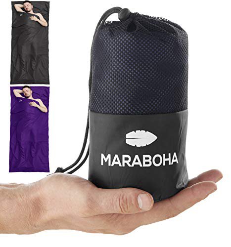 Maraboha Hüttenschlafsack aus weicher Mikrofaser, leicht und kleines Packmaß, Schlafsack Inlett mit extra Kissenfach - Perfekt für Backpacker und in warmen Ländern (Anthrazit)