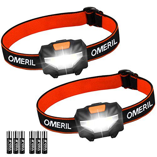 OMERIL Stirnlampe Kopflampe  Stirnlampe LED [2 Stück] Superhell Wasserdicht Leichtgewichts Mini Stirnlampen fürs Laufen, Joggen, Angeln, Campen, für Kinder und mehr (inkl. 6 AAA Batterie)