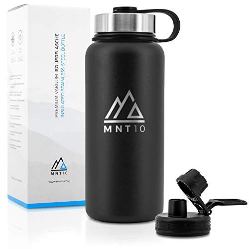 MNT10 Edelstahl Trinkflasche 1000ml I Premium Isolierflasche für Wandern, Fitness, Fahrrad, Schule und Büro I Wasserflasche + Gratis Sportdeckel (Midnight Black | 1000ml)
