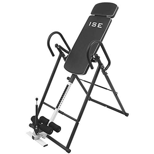 ISE Inversionsbank mit 6 Inversionswinkel klappbarer Schwerkrafttrainer Inversion Table Rücktrainer verstellbar 0-180°Nutzergewicht bis 135 kg,Köpergröße 155-198cm,Sicherheit geprüft (Schwarz)