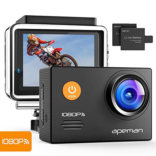 APEMAN Action Cam A70, 1080P Full HD WIFI 14MP Unterwasserkamera Digitale Wasserdichte 30M Helmkamera (kostenlose Zubehör, 2x1050mAh verbesserten Batterien)