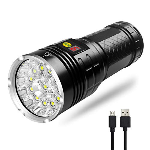 Woputne 12 LEDs Taschenlampe, Typ C wiederaufladbare, helle Taschenlampe 10000 Lumen mit Batterieleistungsanzeige für Outdoor/Indoor