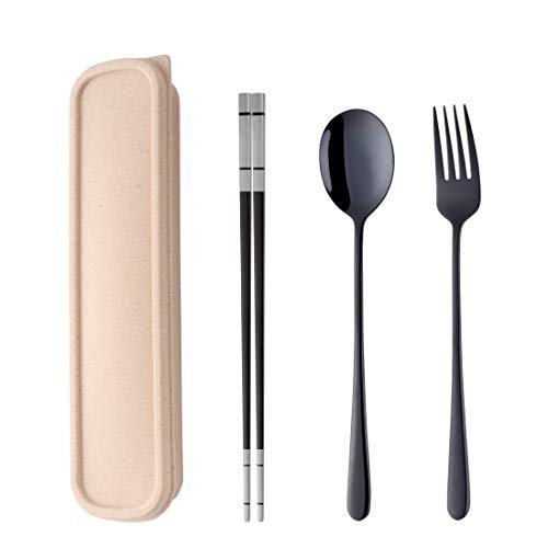 Do Buy ® Tragbares Outdoor Reisebesteck set Schwarz Camping Besteck to go Picknick Schule Büro Lunch Geschirr für 1 person Edelstahl Essstäbchen Lange Tafelgabeln Suppenlöffel Weizenstroh Geschenkbox