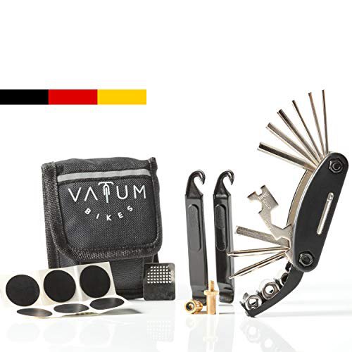 Vatum Bikes Fahrradwerkzeug - Praktisches Fahrrad Werkzeug- und Reparatur Set - Flickzeug mit 16-in-1 Multitool, Ventiladapter & Aufbewahrungstasche - Fahrradflickzeug - Reparaturset - Reifenflickzeug