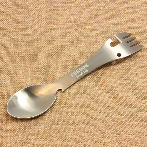PSKOOK Spork Outdoor Löffel Gabel Messer Flasche Dosenöffner Camping Edelstahl Besteck Reisen Funktionelle Essen Multi-Tool Utensil（Silber）