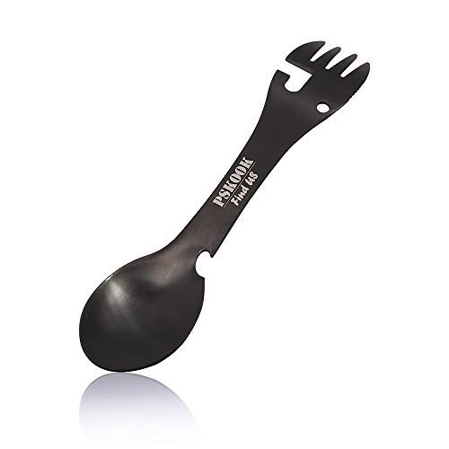 PSKOOK Spork Outdoor Löffel Gabel Messer Flasche Dosenöffner Camping Edelstahl Besteck Reisen Funktionelle Essen Multi-Tool Utensil（Schwarz）