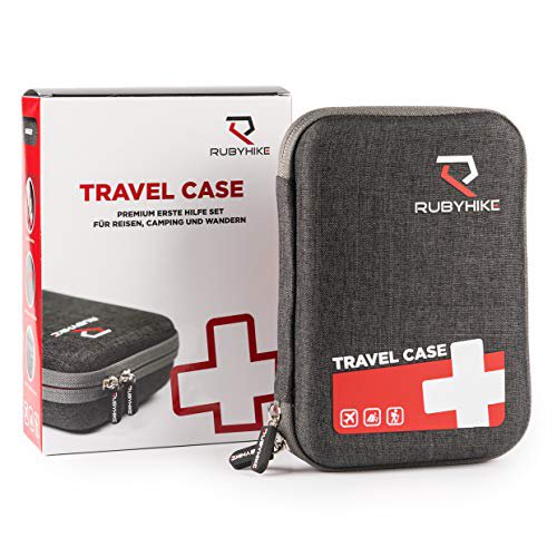 Rubyhike Erste-Hilfe-Travel-Case - Notfalltasche inkl. Inhalt für unterwegs - First Aid Kit für Reisen, Wandern, Camping, Urlaub - Zeitloses Design - Medizintasche mit Rettungsdecke, Beatmungstuch, Kompressen