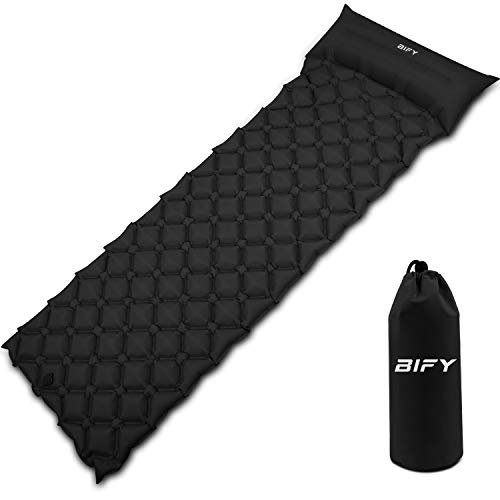 BIFY Isomatte Camping Schlafmatte Ultraleicht Kleines Packmaß. Aufblasbare Luftmatratze für Outdoor Camping, Reise,Trekking und Backpacking (Schwarz mit Kissen)