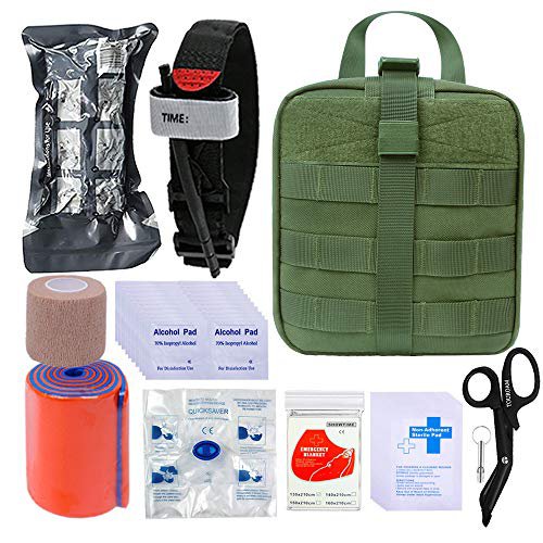 BUSIO First aid Kit-Tactical Bag,Medical EMT Scissor,Tourniquet,Splint Roll,Adhering Stick,Israeli Bandage,Emergency Mylar Blanket,Survival Whistle