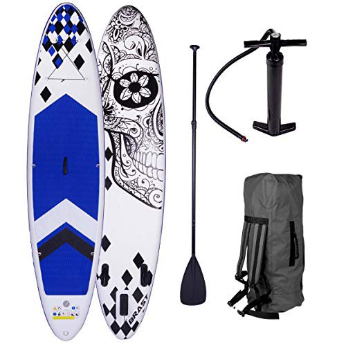 BRAST SUP Board Stand up Paddle Paddling Candy Skull 3 Modelle 320x76x15cm aufblasbar Alu-Paddel Hochdruck-Pumpe Rucksack Kick-Pad 130KG Blau