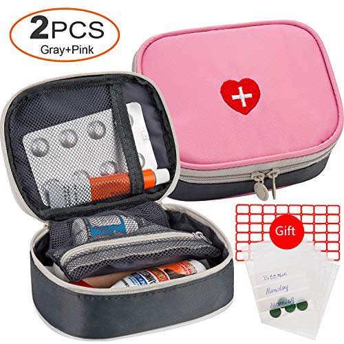 YNester 2 stücke Tragbare Mini Erste-Hilfe Sets, Multifunktions Reise Medizin Verbandtasche Aufbewahrungstasche Notfall Kit für Outdoor Sports Home Camping Wandern - Nur Leere Medizin Beutel (Pink + Gray)