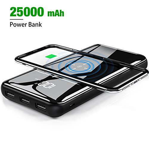 Gnceei Powerbank Wireless Charger 25000mAh【2019 Neu Glasoberflächen】 Externer Akku, 2 in 1 Kabellose Qi Power Bank mit Micro&USB C Dual Eingänge und 3 Ausgänge hohe Kapazität für das Smartphones