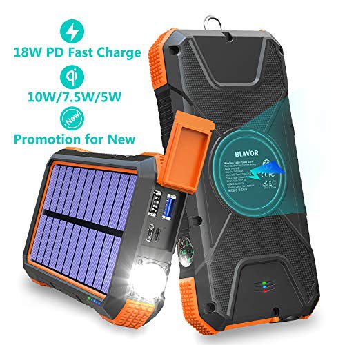 BLAVOR Schnelle Power Bank 20000mAh, induktives Laden 10W/7.5W&18W Quick Charge 3.0,Solar Ladegerät Verbessert Externer Akku,Tragbare Notfall-Energie mit Type-C Eingangsports,2 USB,LED-Lich,Kompass