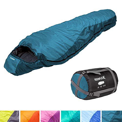 KeenFlex Schlafsack - 3 Jahreszeiten -5℃ + 15℃ - Hochentwickeltes Wärmeregulierungssystem – Mumienschlafsack Ideal für Camping, Backpacking oder Wandern (Dunkelblau)