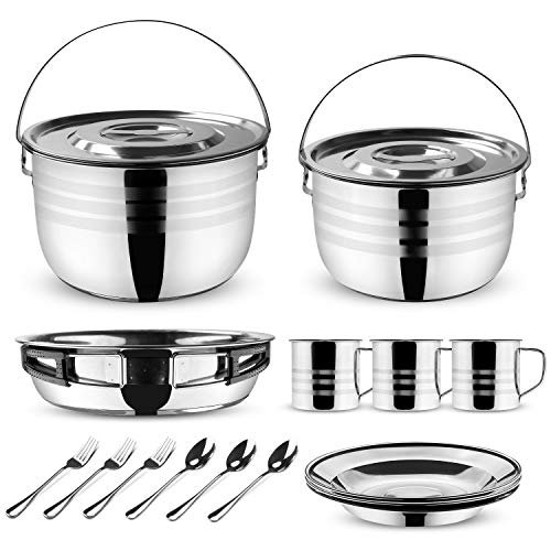 Odoland 15 teiliges Camping Kochgeschirr Set inkl. 2 Kochtopf, Pfanne, Campingbesteck, Becher, Teller aus Edelstahl für Outdoor Kochen