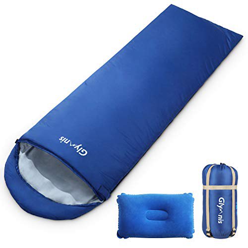 Glymnis Schlafsack Deckenschlafsack Ultraleicht klein warm Sommerschlafsack 220x75 cm für Outdoor Camping Kapuze Wandern mit aufblasbarem Kopfkissen und Kompressionsbeutel
