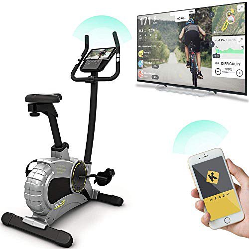 Bluefin Fitness TOUR 5.0 Hometrainer Spin Bike Heimtrainer Fahrrad | Live Video Training | Bluetooth | Kinomap Handy App | Fitness Geräte für zuhause | Schwarz & Grau Silber