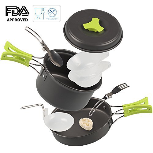 Innoo Tech Camping Kochgeschirr Set Camping-Kochtopf Set 12-tlg Kochausrüstung für Outdoor Wandern Picknick | FDA Genehmigte Topf & Pfanne aus Aluminium| faltbare