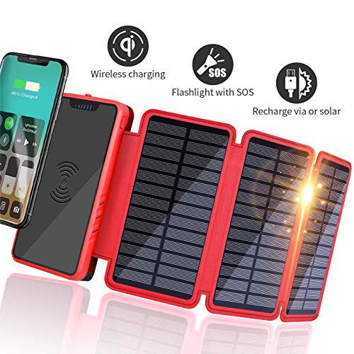 Soluser Solar Powerbank 20000mAh Tragbares Solar Ladegerät QI Wireless mit 3 Solarpanels, Outdoor Wasserfester Externer Akku mit 2 USB Ports für iPhone, Samsung, Android und Tablet, Kamera usw