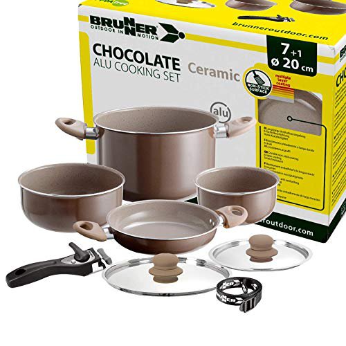 Brunner- Outdoor in Motion Brunner: Camping Kochgeschirr Keramik Topfset (Töpfe und Pfannen) - 7+1 teilig ø 20 cm Chocolate - 4 Personen, Stapelbar, Antihaft, Leicht, Hochwertig