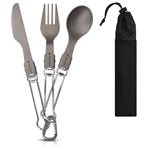 Navaris Titan Camping Besteck 3tlg. - Outdoor Messer Gabel Löffel inkl. Tasche - Ultraleichte 3in1 Essbesteck Kombi - Reisebesteck Set faltbar