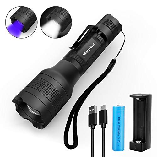 AIVANE 2 in 1 UV Lampe, Morpilot USB wideraufladbare uv Taschenlampe, Schwarzlicht und Weißes Licht, 500lm, 395nm Ultraviolett, Detektor für Urin von Haustiere, inkl. 18650 Batterie