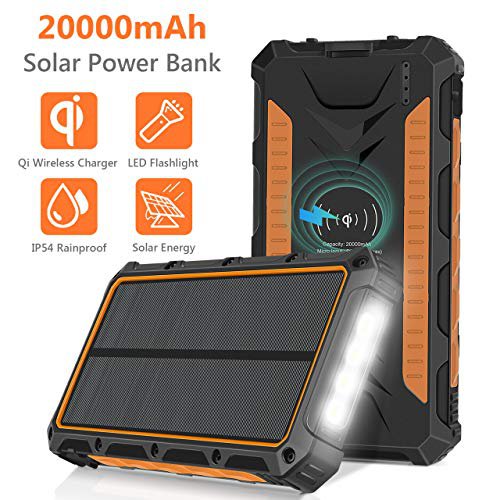 Sendowtek Solar Powerbank, 20000mAh Solar Ladegerät mit 4 LED Lampe / 3 Ausgänge, Externes Solar Ladegerät Solarpanel-Aufladung für Smartphones, Handy, Tablet/Wasserdicht/Qi Wireless
