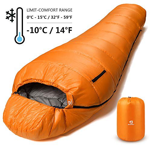 Bessport Schlafsack Winter | -10°C Outdoor Mumienschlafsack für Camping und Bergsteigen mit Ultraleichter und Ultrakompakter 100% Sprüh Gebundene Baumwolle 350g/m² Füllung (Orange)