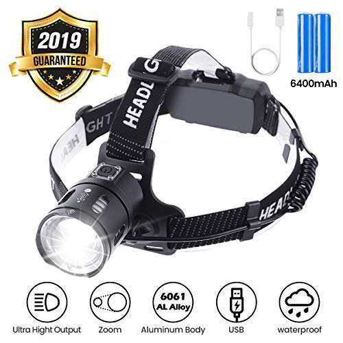 OUTERDO Stirnlampe LED, Kopflampe Zoom 3500 Lumen Ultrahohe Helligkeit mit USB 2 wiederaufladbaren Batterien 6400mAh wasserdicht, Stirnleuchte für Nacht Angeln Laufen Jagd Lesen Camping Wandern