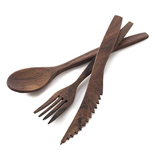 Tuuli Kitchen Picknick Camping Besteck Set Reisebesteck Besteckset Geschirr aus Holz Walnuss Nachhaltig (Messer, Gabel, Löffel)