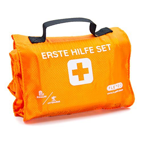 FLEXEO Erste Hilfe Set Outdoor Explorer, zum Wandern, Skifahren, Klettern, praktisches Rollenformat, passt in jeden Rucksack, wasserabweisend (59-teilig, orange)