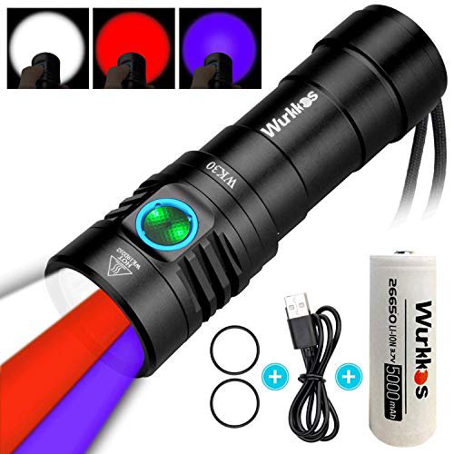 Wurkkos WK30 Multifunktionale Taschenlampe,Triple Reflektor mit 3 verschiedenen Lichtquellen,Weiß/Rot/UV-Taschenlampe wiederaufladbar USB Anschluss und kompatibel mit 18650 21700 26650 Akkus