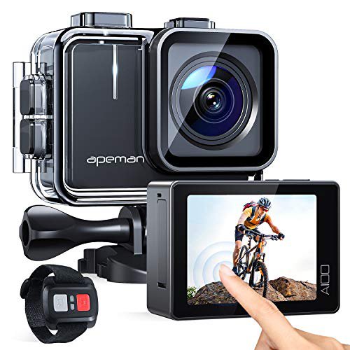 APEMAN Action Cam A100,Echte 4K 50fps WiFi 20MP Touchscreen Unterwasserkamera Digitale wasserdichte 40M Helmkamera (2.4G Fernbedienung, 2x1350mAh verbesserten Batterien)