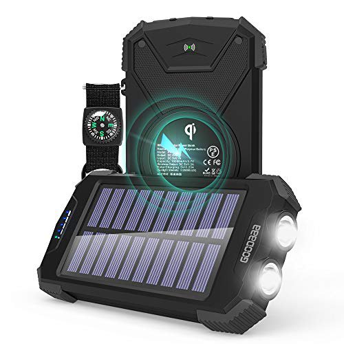GOODaaa Solar Powerbank Handy 10000mAh QI Wireless Charger Wasserdicht Outdoor Externer Akku mit Solarpanel,Typ C/USB Anschlüsse,Dual Taschenlampe,Kompass,Kompatibel für iPhone Samsung Huawei-Schwarz