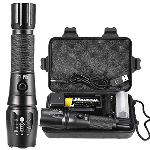 Phixton Aufladbar LED Taschenlampe Extrem Hell Mit 18650 Wiederaufladbar Akku Ladegerät USB Kabel Geschenk Set Stärkste 1000lm CREE XM L2 Groß Sicherheitsdienst Flashlight 5-Modi Zoombar Outdoor Camping Light