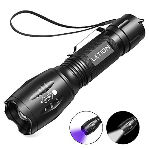 LETION 2 in 1 UV Lampe, Schwarzlicht und Weißes Licht Taschenlampe,395nm Ultraviolette Taschenlampe 4 Modi, Detektor für unechte Banknoten, Urin von Hunde, und andere Haustiere Taschenlampenzubehör