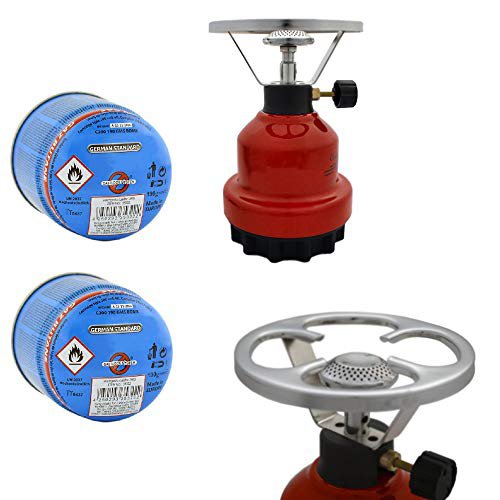 Megaprom M190 Gaskocher mit Kartusche | Campingkocher mit Kochaufsatz | Kochplatte in Metallgehäuse | Camping Kocher Set - inkl. 2X 190g Gaskartuschen