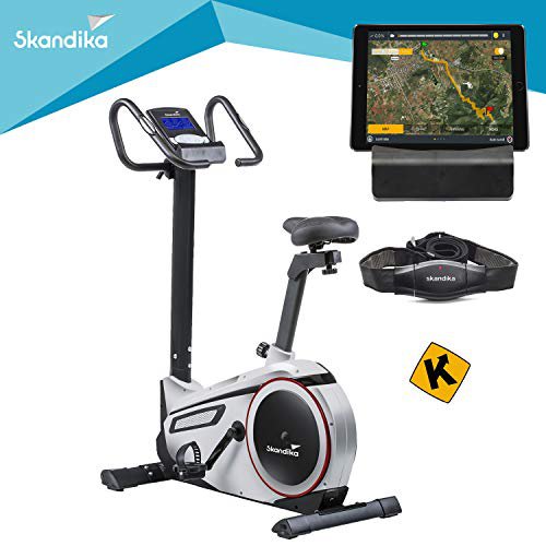 skandika Ergometer Morpheus, Fitnessbike, Heimtrainer mit Steuerung und Street View Funktion, Pulsgurt, 32 einstellbare Widerstandseinstellung und Multifunktionscomputer mit Kalorienverbrauch (silber)