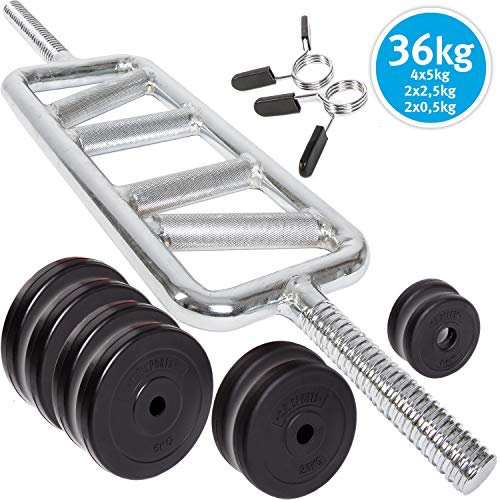 C.P.Sports C.P. Sports Trizeps Trainer, Hantelstange 30mm, Trizeps Bizeps Stange, Hantel, Rahmenhantel inkl. Sternverschluß oder Schnellverschluß, Trizepsbomber (Trizeps Trainer-Set-36 KG-mit Scheiben)