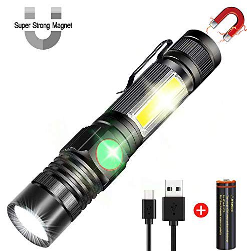 AOMEES Taschenlampe, Magnet Arbeitsleuchte Wiederaufladbar (18650 Batterie Inklusive) 4 Modi Zoombar Wasserdicht COB USB Taschenlampen