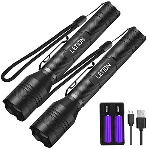 LETION LED Taschenlampe 2 Stück,Superhelle 1500 Lumen CREE taschenlampe led,5 Licht Modi,Wiederaufladbare Taschenlampe Geocaching Geräte mit Zoom für Camping,Wandern (Inklusive 4x18650 Batteries)