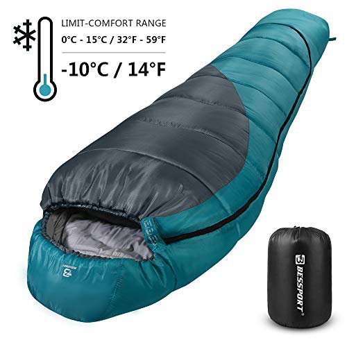 Bessport Schlafsack Winter | -10°C Outdoor Mumienschlafsack für Erwachsene, Camping - Ultraleichter und Wasserdichter - Warm Sprüh Gebundene Baumwolle Füllung (Grey)