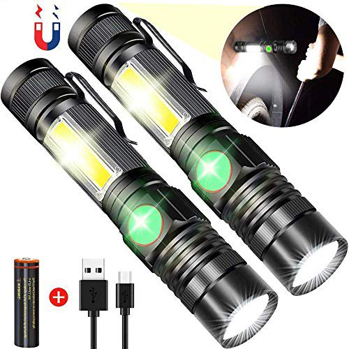 AOMEES Taschenlampe, Magnet Arbeitsleuchte Wiederaufladbar (18650 Batterie Inklusive*2) 4 Modi Zoombar Wasserdicht COB USB Taschenlampen