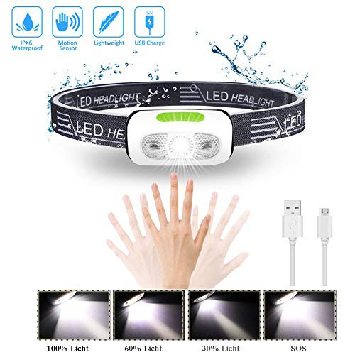 iToncs Stirnlampe LED Wasserdicht Gewitter IPX6, Leicht Mini Kopflampe Stirnlampe mit 4 Helligkeiten, Sensor, Hell 600 Lumen LED Stirnlampe USB Wiederaufladbar für kinder, Erwachsener Joggen, Laufen
