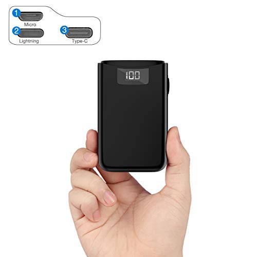 POSUGEAR Powerbank 10000mAh, Power Bank mit 3 Eingängen USB C/Micro/L ightning, 2 Ausgängen und LED Display Kompatibel mit Allen Handys und Tablets