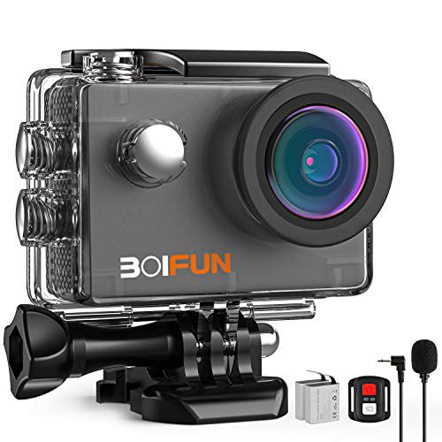 BOIFUN 4K 20MP Action Cam EIS Bildstabilisierte Wi-Fi mit Externem Mikrofon Unterwasserkamera Sport Helmkamera Wasserdicht bis 40 Meter Fernsteuerung und 20 Weiteren Zubehörteilen (4K)