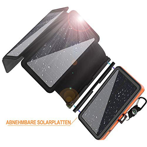 F-Dorla Solar Powerbank 25000mAh, F.Dorla Solar Ladegerät mit 4 abnehmbaren Solar Panels, 2 Eingänge &2 Ausgänge 2.1A, LED-Taschenlampe, wasserdichte Powerbank Solar für Outdoor Aktivitäten